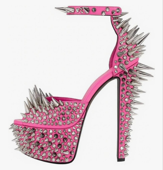 Spiked High Heel with Studded Ankle Strap Peep Toe Platform Chunky Rivets Heel
