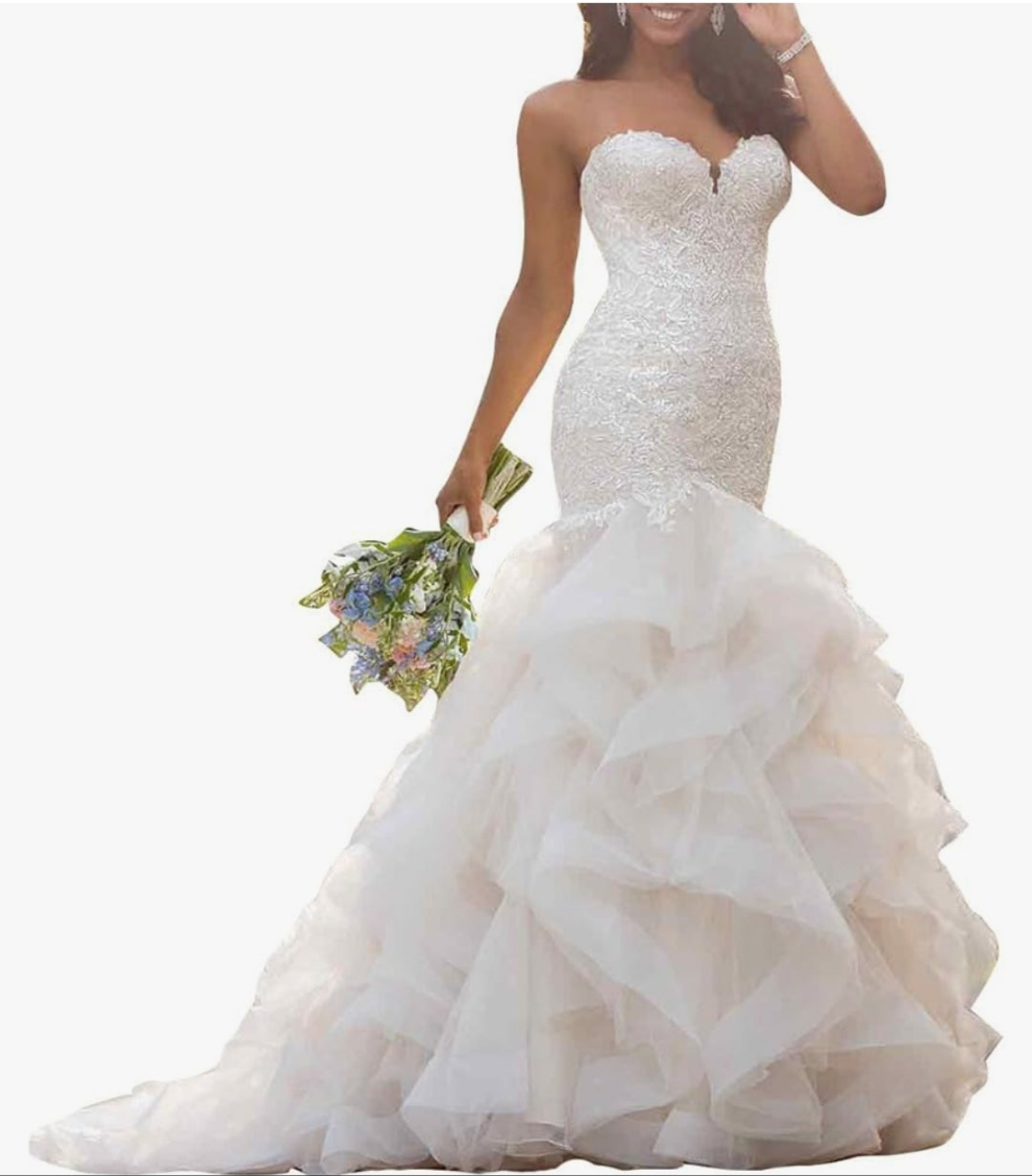 Long Mermaid Wedding Dress with Ruffle Skirt Elegant Lace Appliques Sweetheart Wedding Gown