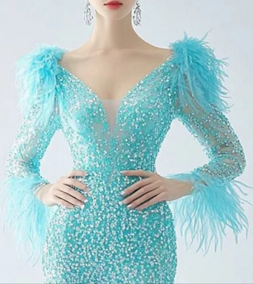 Rhinestone Feather Long Sleeve Fishtail Maxi Dress-Blue [Custom-Made] COCOMONEY