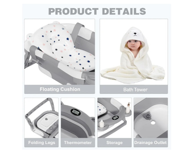 Collapsible Baby Bathtub for Newborn with Thermometer & 1 Hooded Towel & 1 Soft Floating Cushion,Portable Travel Bathtub with Drain Hole, Durable Foldable Baby Tubs for Infants to Toddler