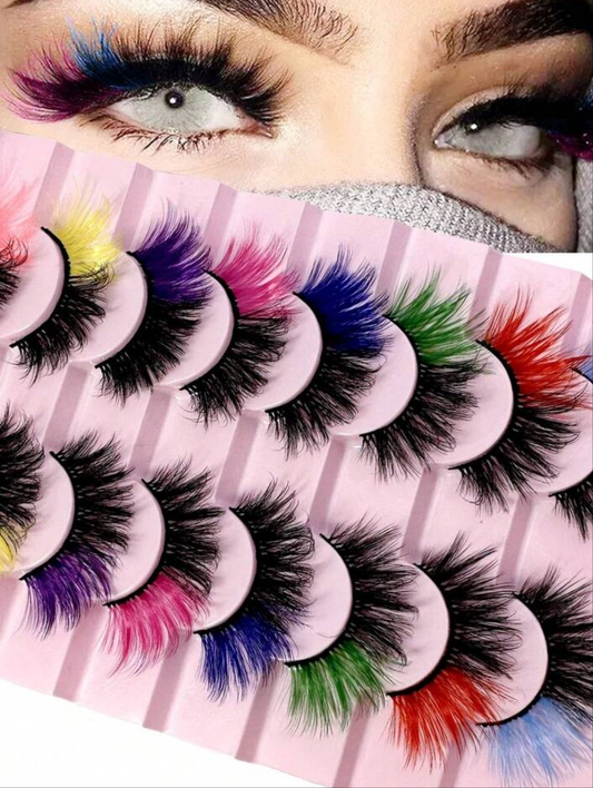 8Pairs Colored False Eyelashes, 3D Mink Faux Lashes With Color Tips, Dramatic Fluffy Volume Strip Lashes For Cat Eye Look, Colorful Lash Extensions For Makeup Artists, Cosplay, Parties Strip Lashes, Lashes, Eyelashes, Fake Lashes
