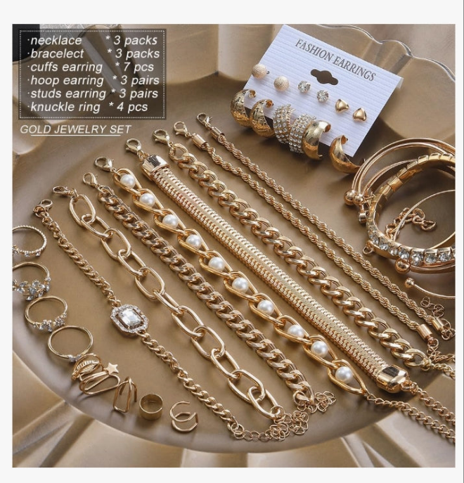 Gold Jewelry Sets for Women, Necklaces Bracelets Hoop Earrings Stackable Rings Jewelry Set，Fashion Outfit Accessories Costume Jewelry MultiPack Birthday Christmas Gifts for Women