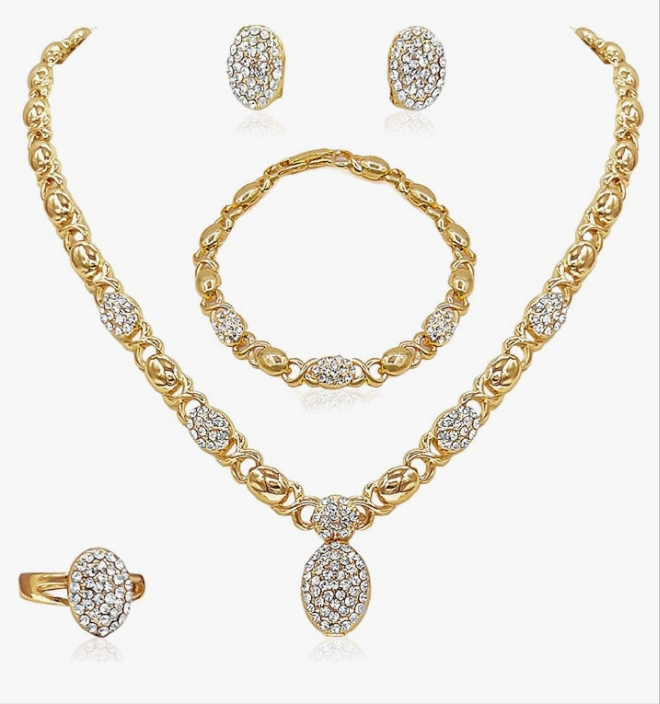 Gold plated Gold Jewelry Sets for Women 18K Gold/Silver Filled Jewelry Necklace Set Wedding Bridal Fashion Jewelry Sets Women Accessories Bracelets Earrings and Rings Sweetheart Gifts
