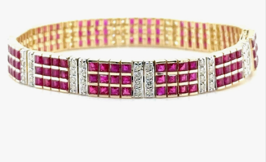 COCOMONEY Gold Ruby and Diamond Tennis Bracelet, 12.18 ct Rubies, 1.92 ct Diamonds, Buckle Closure