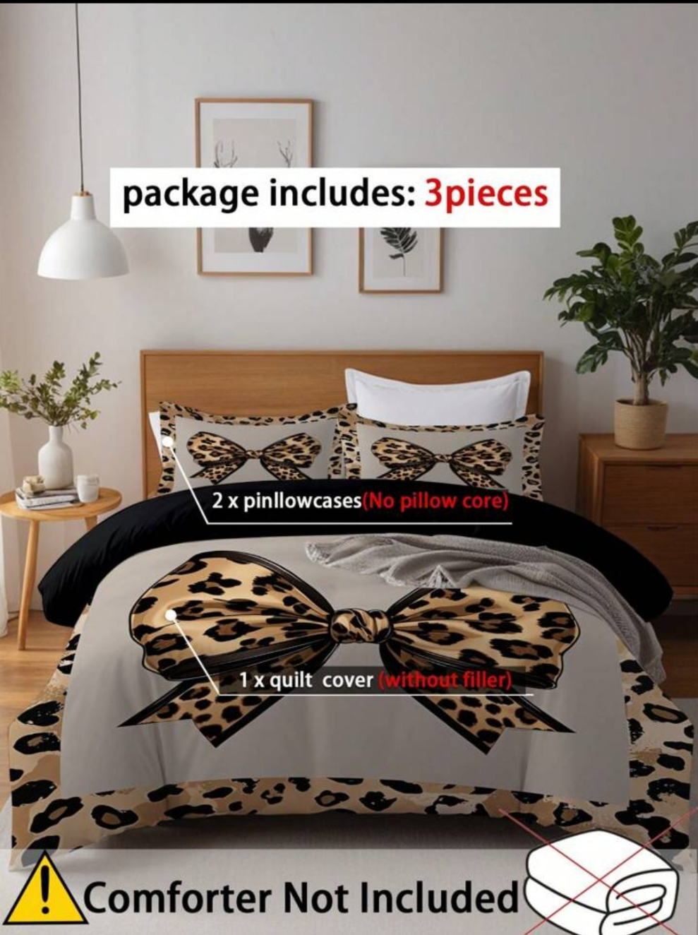 3pcs Leopard Bow Print Duvet Cover Set (1*Duvet Cover + 2*Pillowcase, Without Core), Features A Sexy And Attractive Leopard Print Design ,Soft & Skin-Friendly, Soothing Visual Fatigue,Suitable For All Seasons, Zipper Closure, Suitable For Hotel, Bedroom,