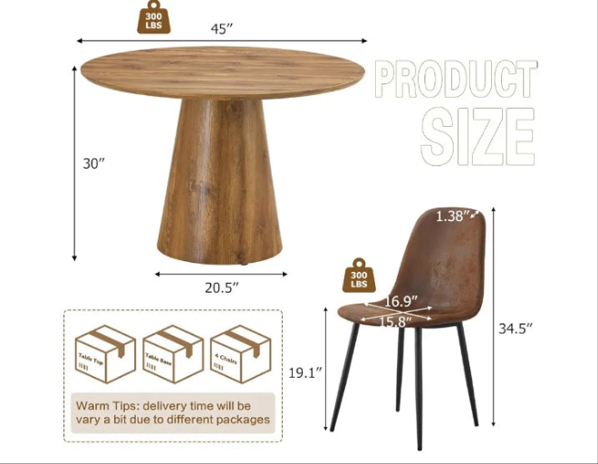 Round Dining Table Set for 4, Modern Kitchen Table Small 45 Inch Dinner Table Wood Round Dinner Table for Living Room (Wood Table+Style 1 Brown Chairs, 45'' Table+4 Chairs)