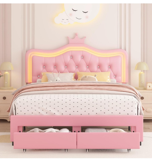 Upholstered LED Bed Frame with Storage Drawer, Leather Princess Platform Bed with Adjustable Crystal Button Tufted Crown Headboard, Solid Wooden Slats Support, No Box Spring Needed,
