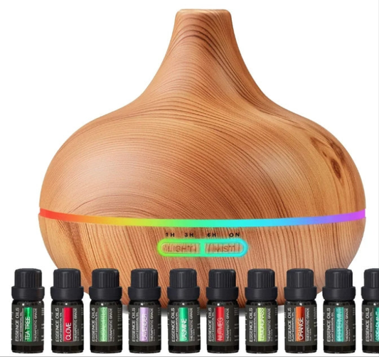 Aromatherapy Diffuser & Essential Oil Set - Ultrasonic Top 10 Oils Modern with 4 Timer 7 Ambient Light Settings Therapeutic Grade Lavender