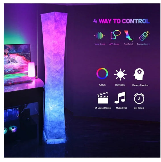 61" Floor Lamp ,16 Million DlY Colors and Scene Modes for Living/Game Room and TV, Music Sync, Tyvek Fabric Shade, Smart App Control, Compatible with App/Remote Control