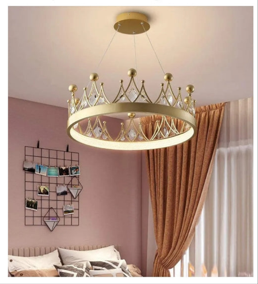 Crystal Chandelier D23.6'' Gold Round LED Crown Chandelier Contemporary Semi Flush Mount Ceiling Light for Nursery Girls Room Dining Room Bedroom