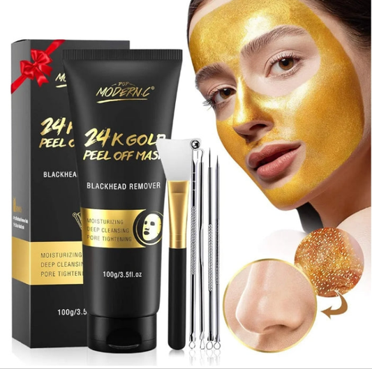 , 24K Gold Peel Off Mask, Gold Facial Mask Anti-Aging, Deep Cleansing, Reduces Fine Lines＆ Wrinkles Great for All Skin, With Blackhead Remover Extractor Tools Kit & Mask Brush