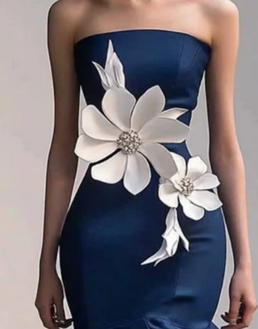 3D Floral Rhinestone Strapless Layered Maxi Dress-Navy Blue [Custom-Made] COCOMONEY