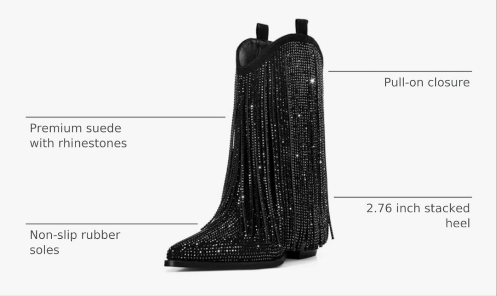 Cowgirl Boots Rhinestone with Sparkly Fringe Pointed Toe Western Boot Chunky Heel Pull-On Wide Calf