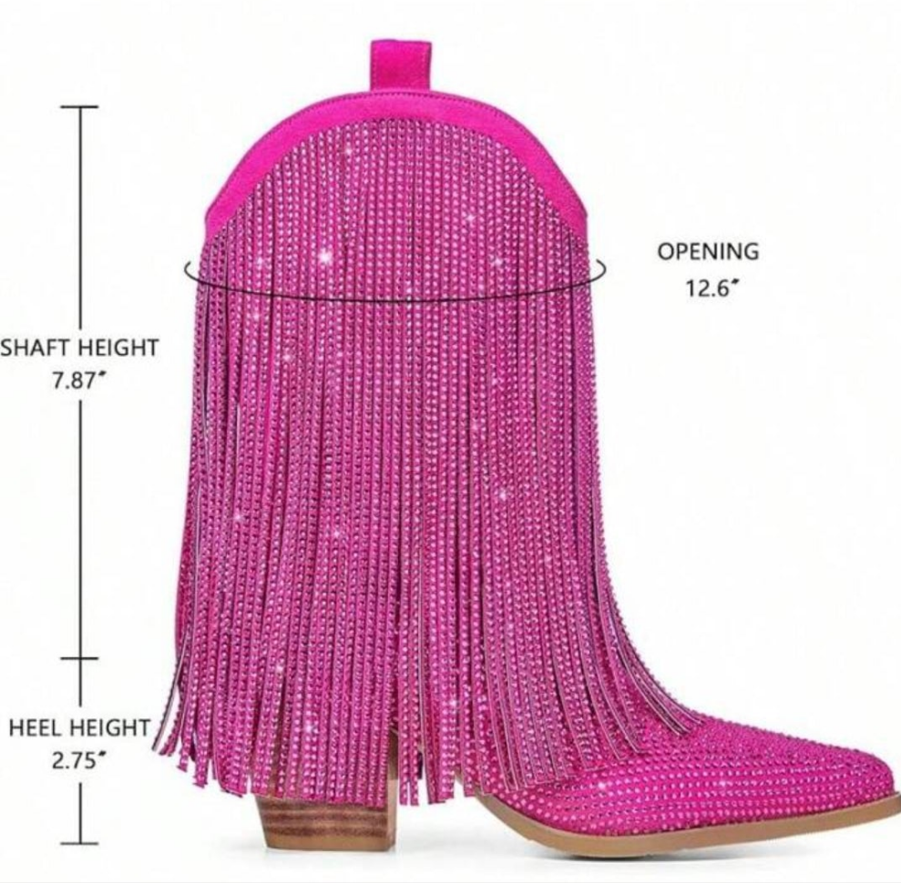 Cowgirl Rhinestone Boots With Sparkly Fringe Pointed Toe Western Ankle Boots & Booties Chunky Heel Pull-On