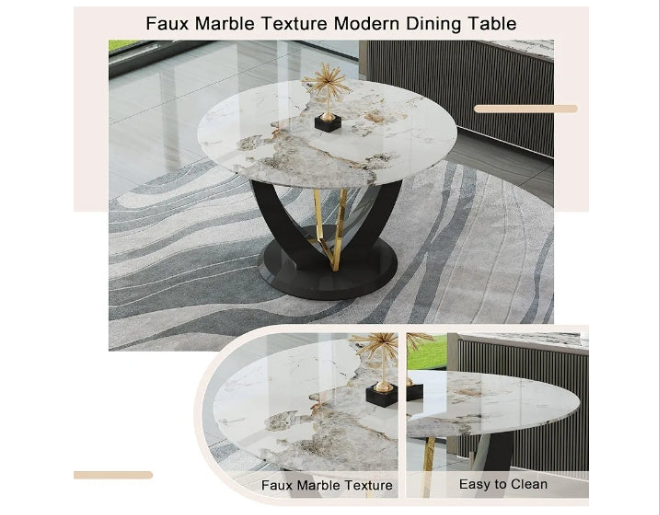 Round Dining Table Set for 4, 48" Dining Room Table with Faux Marble Tabletop and 4 Upholstered Chairs,Modern Round Kitchen Table Chairs Set for Dinning Room, Living Room, Cafe, Restaurant
