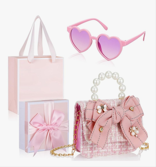 Mini Purse Cute Bowknot Crossbody Bag with Pearl Bow Sunglasses Box Set Travel Handbag for Women Birthday Easter Gift