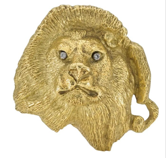 18k Gold Diamond Vintage 1970s Gold Lion Belt Buckle with Diamonds
