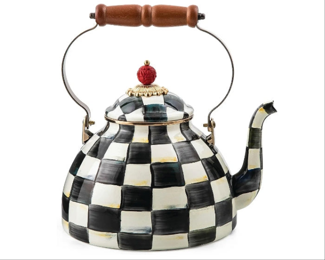 King Collection Enamel Tea Kettle, Stylish Tea Kettle for Stovetop, Royal Check, 3 Quarts