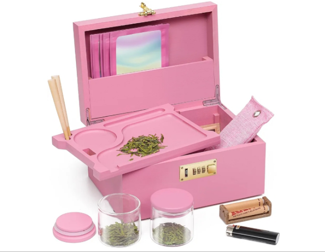 Large Bamboo Box with Combination Lock Decorative box for Home Great Gift Choice Storage Lockbox with Storage Jar, Tray, Resealable Bags and More