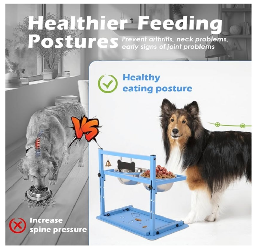 Elevated Dog Bowl Stand with Two 1700ml Stainless Steel Food Bowls, Slow Feeder and Spill Proof Mat, Adjustable Feeder for Large, Medium and Small Dogs