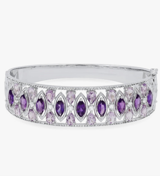 925 Marquise & Pear Amethyst with Round White Sapphire Ladies Gorgeous Bangle Bracelet, 925 Sterling Silver