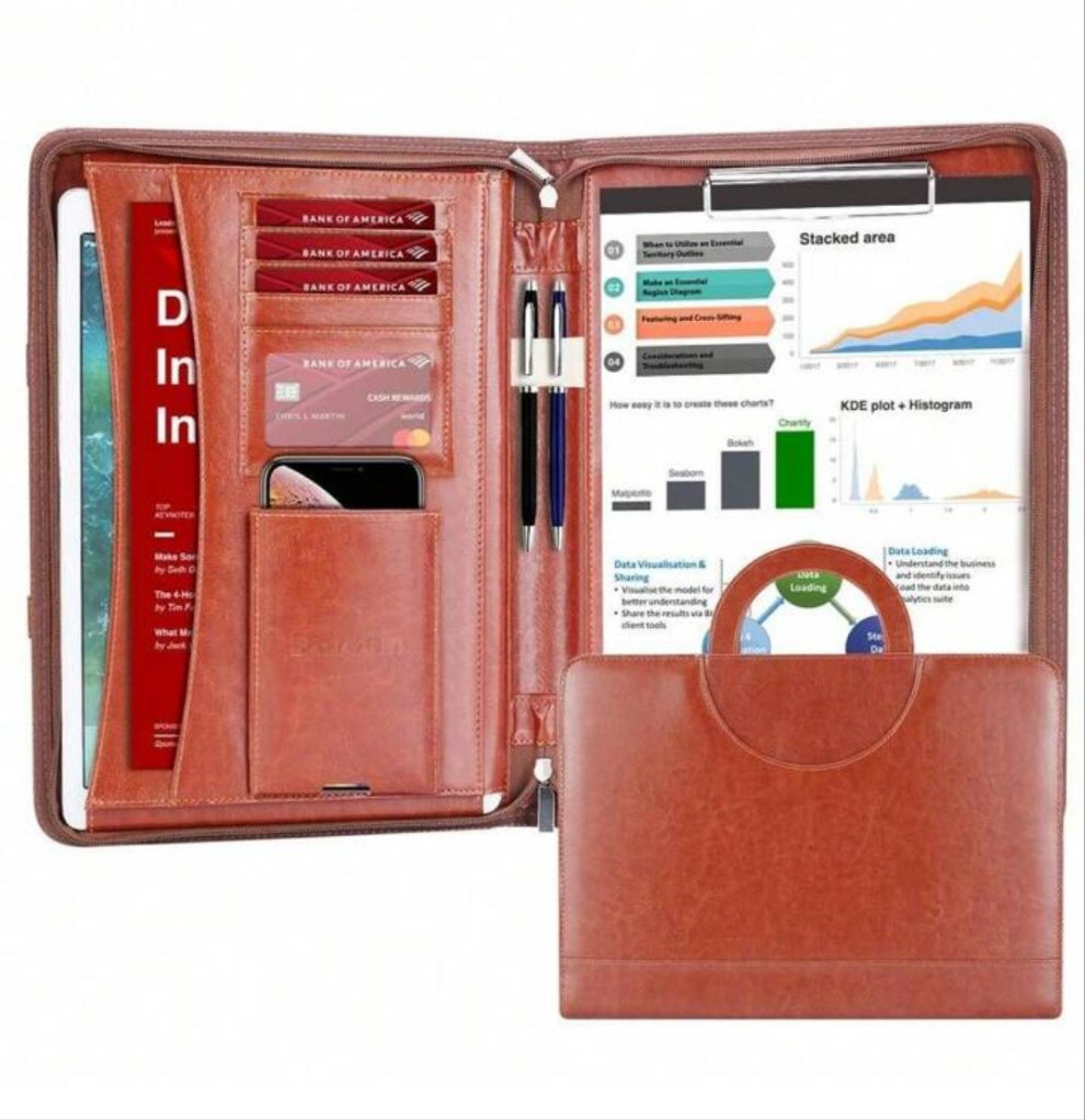 Zippered Leather Padfolio Portfolio With [Hidden Handle] And [Clipboard], Business Conference Portfolio Organizer Notepad Folder, Portfolio Bag, Portfolio Padfolio For Women/Men