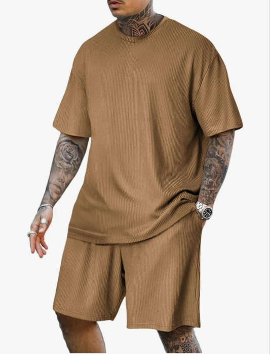 Mens Casual 2 Piece Outfits-Short Sleeve Athletic Set Oversize T-Shirts Drawstring Tracksuit Set