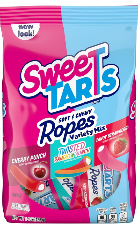 Sweet TARTS Ropes Candy, Variety Mix, Cherry Punch, Twisted Rainbow Punch, Tangy Strawberry, Soft and Chewy, 15 oz