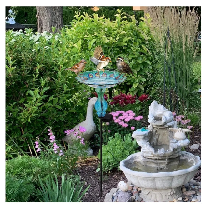 Peacock Bird Bath for Outdoor - Glass Bowl Solar Light Bird Baths Cage Outside Dish Bird Feeder with Metal Stake for Garden, Yard and Patio - 32 inches