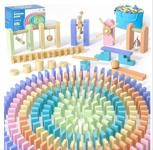 VigorFun 1000+ PCS Dominoes Set for Kids - Wooden Dominos with Extra Blocks and Storage Bag, Building Stacking Game Toys for 3+ Year Old Boys Birthday Gifts