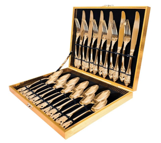 24-Piece Gold Flatware Silverware Set,18/10 Heavy Duty Stainless Steel Flatware Service for 6,Cutlery Include Knife/Fork/Spoon/Coffee Spoon,Mirror Polished, Dishwasher Safety