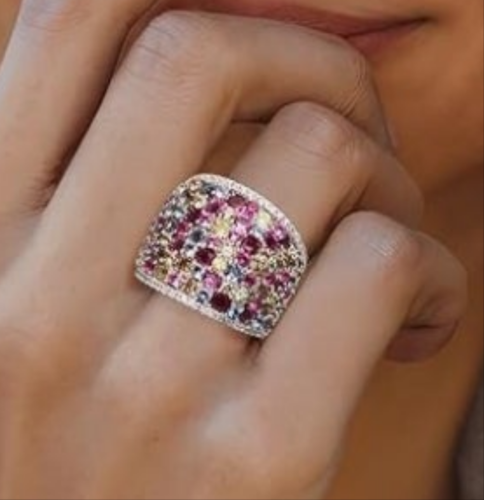 4.10 ct. t.w. Multicolored Simulated Sapphire and .20 ct. t.w. CZ Wide Ring in Sterling Silver