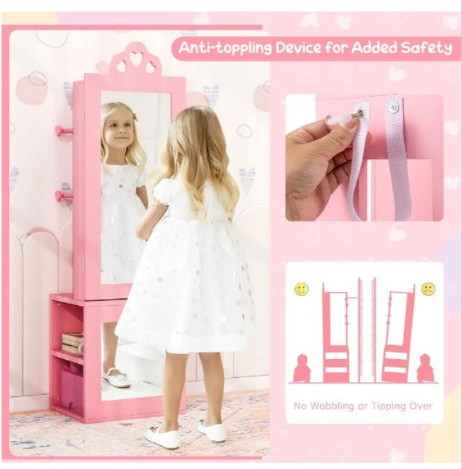 Kids Jewelry Armoire Cabinet, 46" Standing Jewelry Organizer with Full-Length Mirror, Rear Storage Shelves, Garment Rack, Kids Vanity Dress Up Mirror Jewelry Cabinet