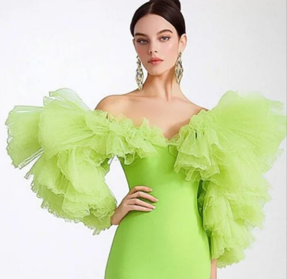 Off Shoulder Mesh Ruffle Sleeve Tiered Maxi Dress-Green [Custom-Made] COCOMONEY