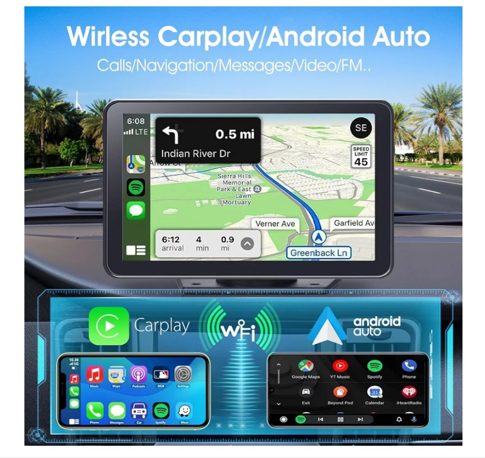 Portable Wireless Carplay Car Stereo, 7" HD Touchscreen for Car with Apple CarPlay & Android Auto with Backup Camera/Mirror Link/Voice Control/Bluetooth/GPS/AUX/FM Satellite Radio for All Vehicles