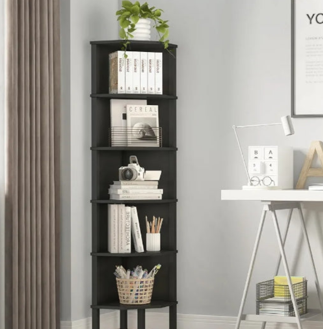 Corner Shelf, Corner Stand Rack, Freestanding Wooden Corner Bookshelf, Plant Display Shelving Unit for Small Space, Living Room, Bedroom, Office (White, 6 Tier)