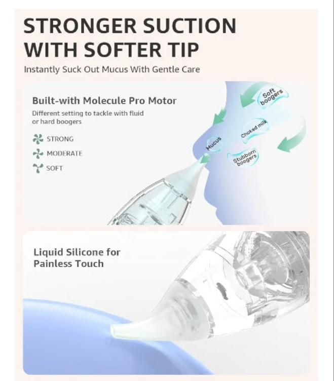 Nasal Aspirator for Baby with Protection Mode, Electric Nose Suction for Baby, Automatic Baby Nose Sucker with 3 Silicone Tips, Adjustable Suction Level, Music and Light Soothing Function