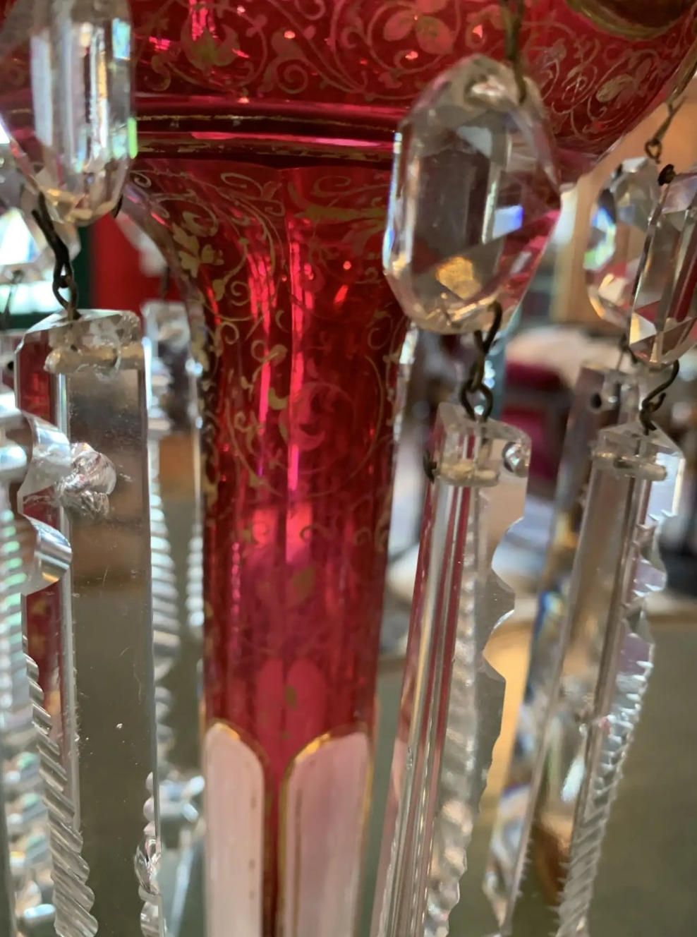 Pair of antique Moser Bohemian cranberry overlay hand painted lusters, circa 1900s cranberry glass