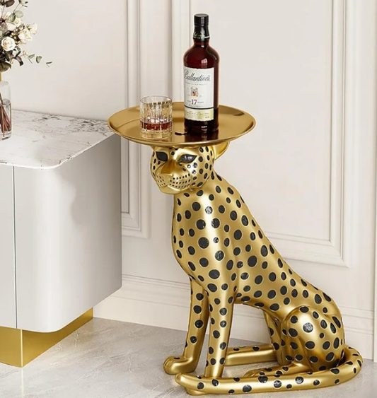 Leopard Statue Side Table with Tray Top– Gold Panther Figurine End Table Art Decor for Home & Gifts
