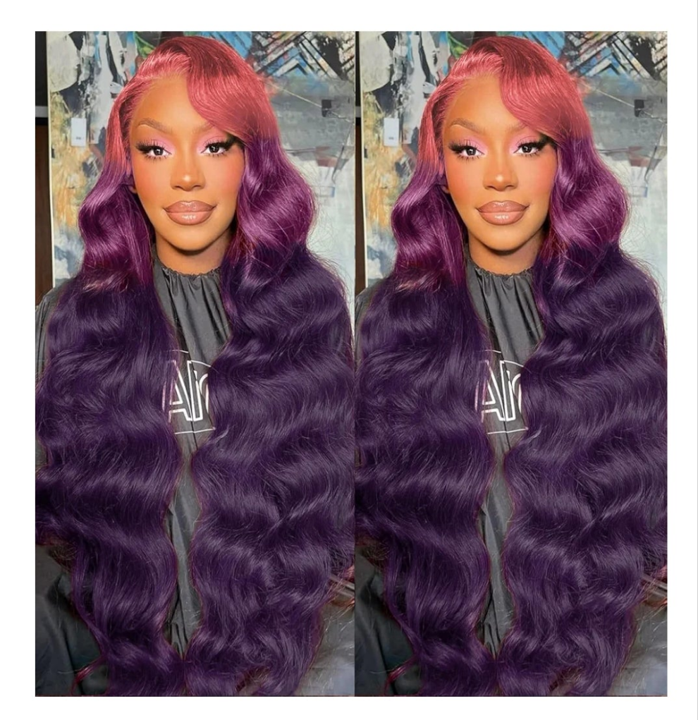 Purple Ombre 13x4 HD Lace Front Wig Human Hair Body Wave 3 Tone Pink to Purple Glueless Wigs Dark Pink Root Rainbow Colored Lace Frontal Wig 180% Density 22 Inch