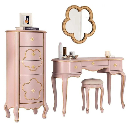 Vanity Table Set American Dresser with Flower Shaped Mirror and Make-up Stool 3 Drawers Bedroom Furniture Dressing Table Pink