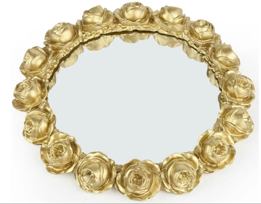 Decorative Round Mirror Tray Bathroom Vanity Tray with Gold Resin Rose for Perfume,Jewelry and Makeup