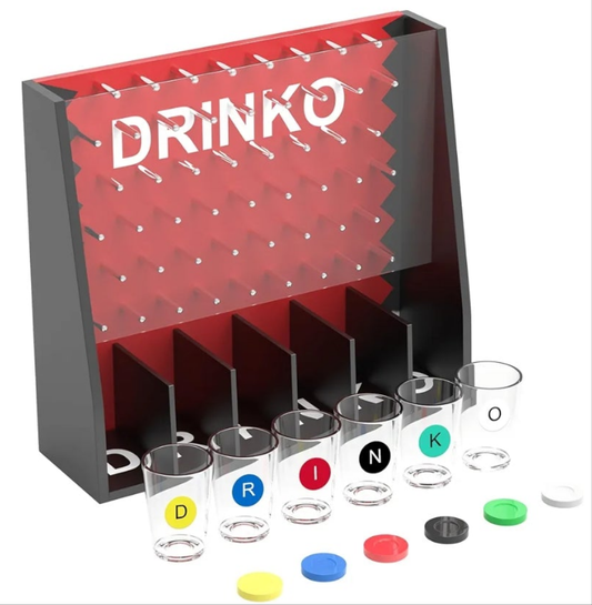 DRINKO Drinking Game - Social Shot Glass Party Fun for Groups & Couples - Multicolor, Glass Shots, Durable Board with Metal Pegs - The Ultimate Party Starter!
