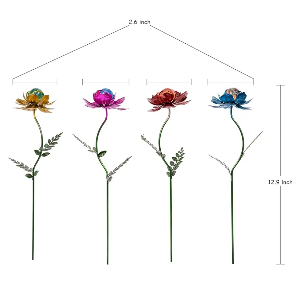 4 Pack Flower Garden Stakes Decor, 12.9 inch Metal Flowers Outdoor Decor Waterproof Metal Flower Sticks for Patio, Lawn, Yard Decorations