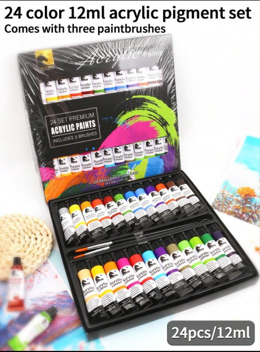 27pcs Acrylic Paint Kit, 24 Colors Aluminum Tube Acrylic Paints Set With 3 Wooden Handled Nylon Hair Brushes aluminum tube