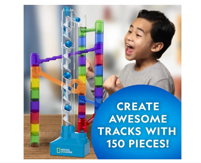 National Geographic Marble Run with Motorized Elevator - 150-Piece Marble Maze Kit with Motorized Spiral Lift, 30 Marbles, Storage Bag & More, Perpetual Motion Machine, Marble Game, Kids Physics Toys