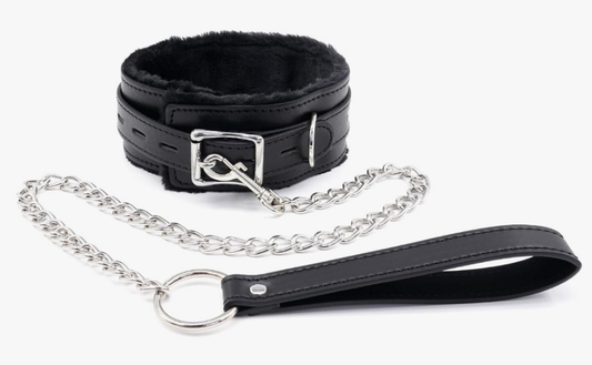 Fur-lined Black Leather Bondage Collar and Leash Set, Leather Bondage Toys Sex Collar with Chain Leash for SM Games