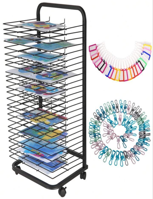 Art Drying Rack With 4 Lockable Wheels - Metal Art Storage Rack With 16 Removable Shelves, Art Organizer For Art Studio, Artwork, Craft Room And Desktop,
