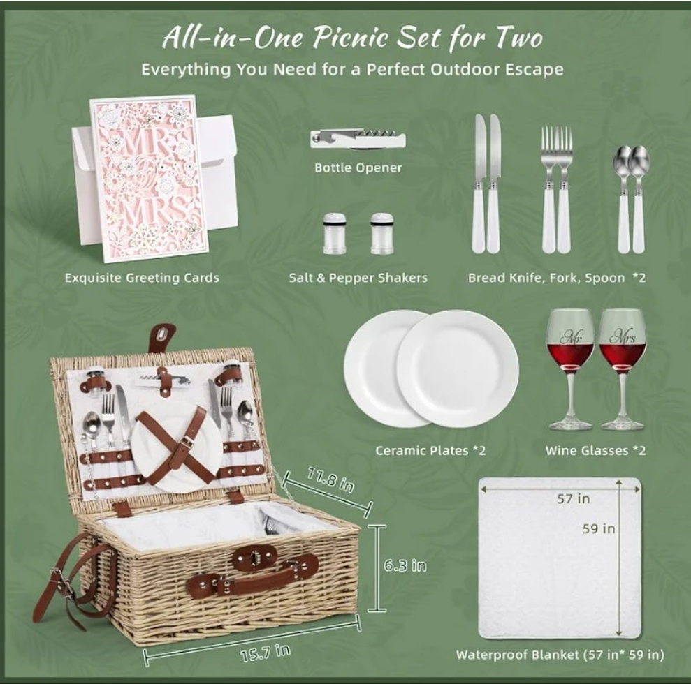 Picnic Basket for 2, Bridal Shower Gift Wedding Gifts with Mr Mrs Wine Glasses and Greeting Card, Engagement Newly Weeding Gifts for Couples 2025, Wicker Picnic Set Kit with Blanket Cooler for Beach