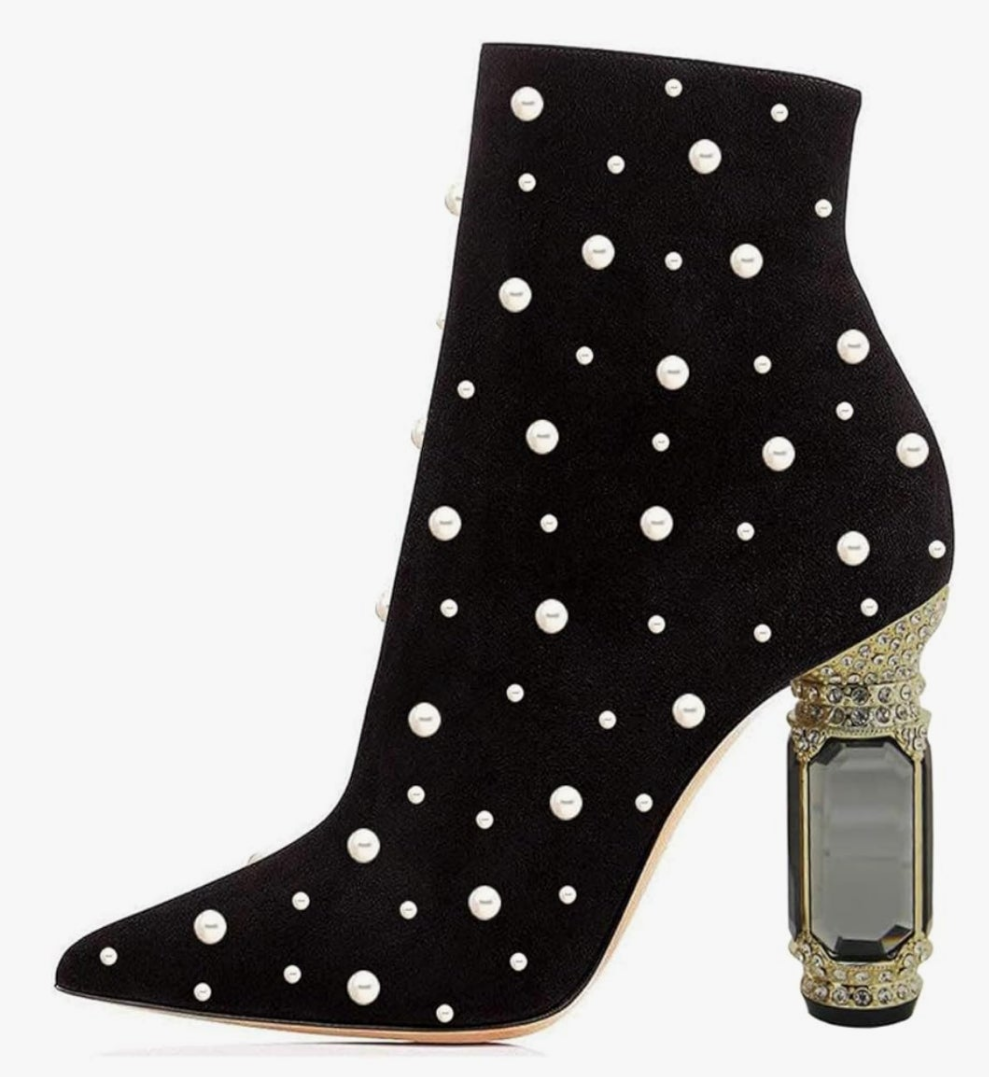 Pointed Toe Crystal Chunky Block High Heel Ankle Boots Glossy Side Zipper